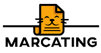 Obrazek przedstawia logo marki Marcating, czyli plik tekstowy z kocim, uśmiechniętym pyszczkiem. Pod grafiką znajduje się nazwa firmy, czyli Marcating.